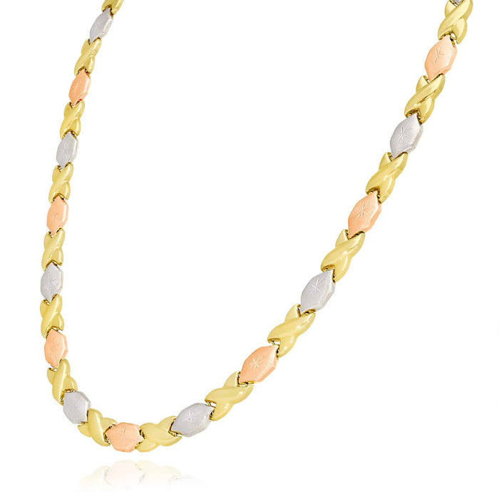 14K Tri-Color Gold 7mm Diamond-Cut Stampato XO Necklace (Hollow) 17"