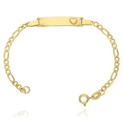 Kids 14K Yellow Gold Over Sterling Silver 3mm Heart Figaro Engravable ID Bar Bracelet (Solid Links) 6"
