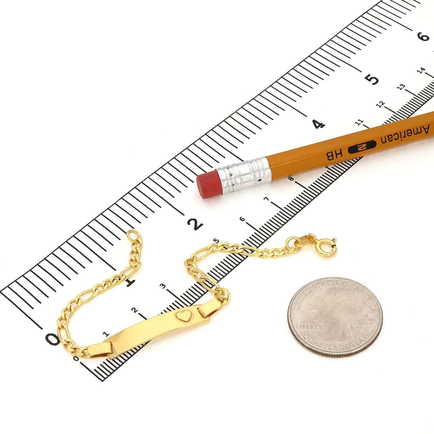 Kid's 14K Gold Over Silver 3mm Heart Figaro Engravable ID Bar Bracelet 6"