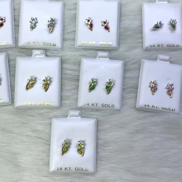 14K Yellow Gold Birthstone Flower Plant Screw Back Stud Earrings