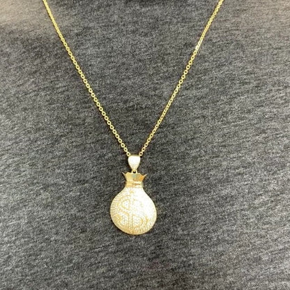 10K Yellow Gold CZ Pave Out Cash Money Bag Pendant