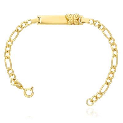 Kids 14K Yellow Gold Over Sterling Silver 4mm Figaro Butterfly Engravable ID Bar Bracelet (Solid Links) 6"