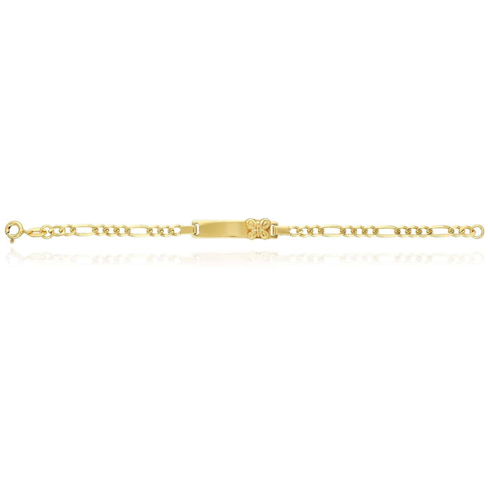Kids 14K Yellow Gold Over Sterling Silver 4mm Figaro Butterfly Engravable ID Bar Bracelet (Solid Links) 6"