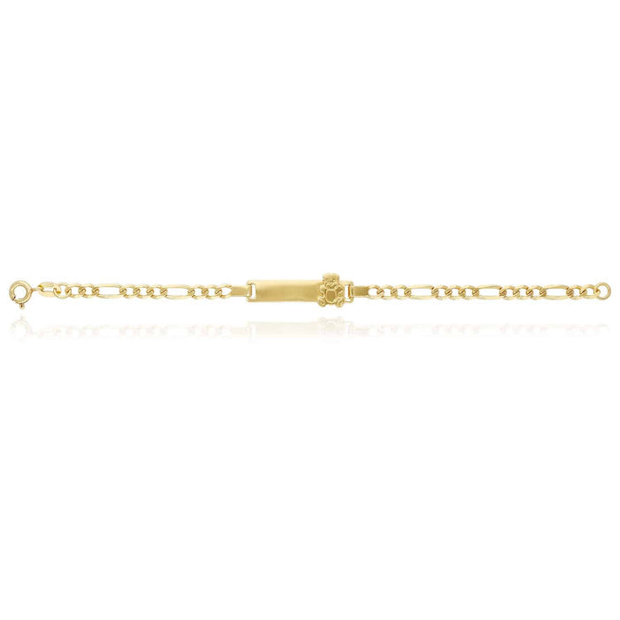 Kids 14K Yellow Gold Over Sterling Silver 4mm Figaro Teddy Bear Engravable ID Bar Bracelet (Solid Links) 6"