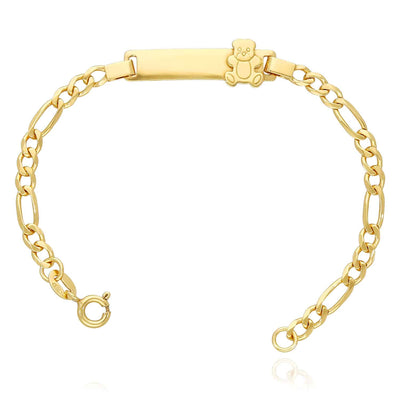 Kids 14K Yellow Gold Over Sterling Silver 4mm Figaro Teddy Bear Engravable ID Bar Bracelet (Solid Links) 6"