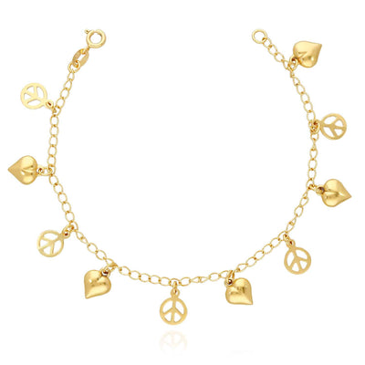 14K Yellow Gold Over Sterling Silver 2.5mm Puffed Hearts & Peace Signs Charms Bracelet (Solid Links) 8"
