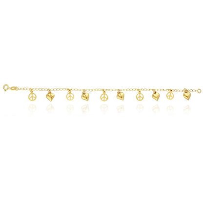 14K Gold Over Silver 2.5mm Puffed Hearts & Peace Signs Charms Bracelet 8"
