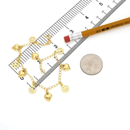 14K Gold Over Silver 2.5mm Puffed Hearts & Peace Signs Charms Bracelet 8"