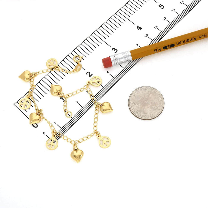 14K Yellow Gold Over Sterling Silver 2.5mm Puffed Hearts & Peace Signs Charms Bracelet (Solid Links) 8"
