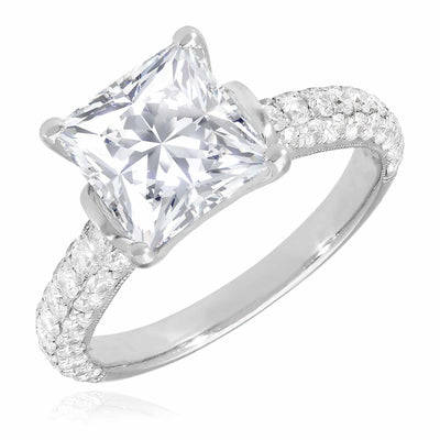 3.10CTW Pave Natural Diamond Princess Moissanite 18K Gold White Engagement Ring