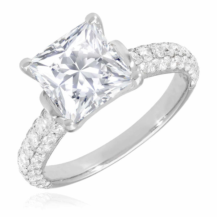 3.10CTW Pave Natural Diamond Princess Moissanite 18K Gold White Engagement Ring