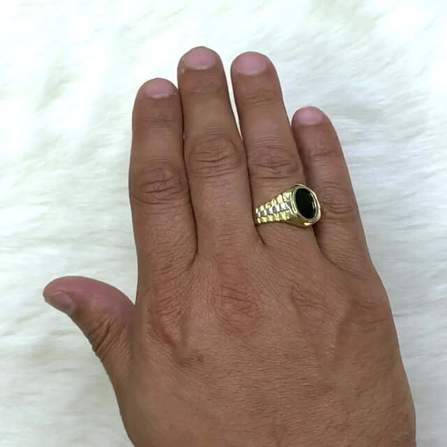 10K Gold Two Tone Yellow White Oval Black Onyx Jubilee Signet Ring