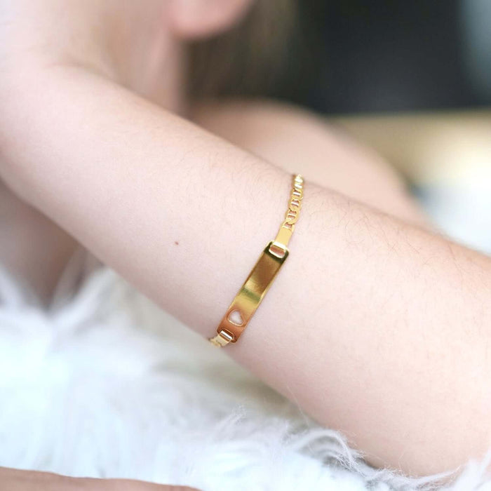 Kids Yellow Gold Over Sterling Silver 3.5mm Anchor Mariner Heart Engravable ID Bar Bracelet (Solid Links) 6"