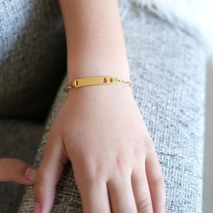 Kids Yellow Gold Over Sterling Silver 3.5mm Anchor Mariner Heart Engravable ID Bar Bracelet (Solid Links) 6"