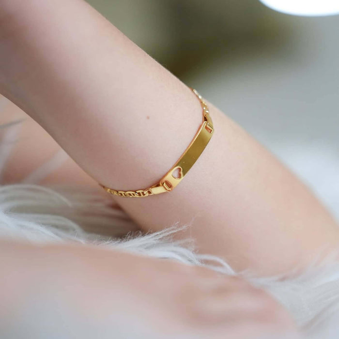 Kids Yellow Gold Over Sterling Silver 3.5mm Anchor Mariner Heart Engravable ID Bar Bracelet (Solid Links) 6"