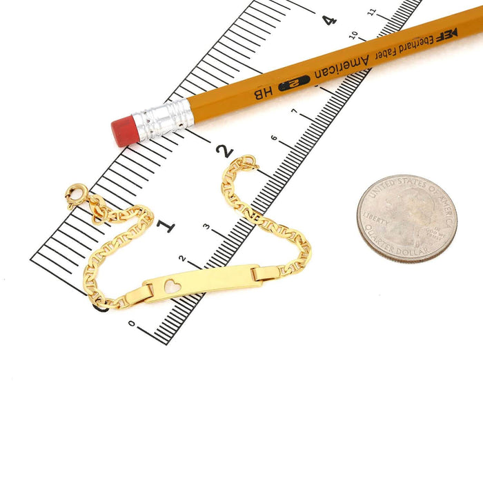 Kids Yellow Gold Over Sterling Silver 3.5mm Anchor Mariner Heart Engravable ID Bar Bracelet (Solid Links) 6"