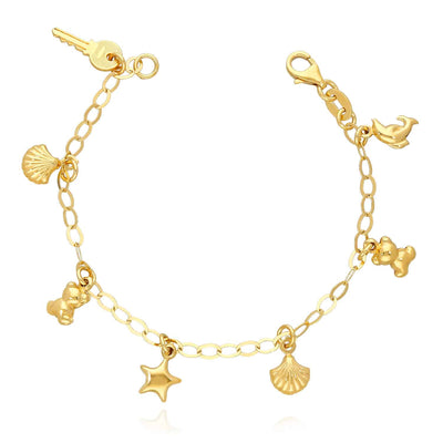 Kids Yellow Gold Over Sterling Silver Dolphin Key Bear Star Seashell Bracelet (Solid Links) 6"