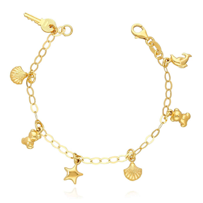 Kids Yellow Gold Over Sterling Silver Dolphin Key Bear Star Seashell Bracelet (Solid Links) 6"
