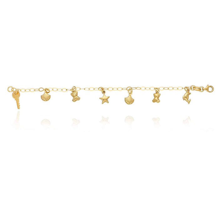 Kids Yellow Gold Over Sterling Silver Dolphin Key Bear Star Seashell Bracelet (Solid Links) 6"