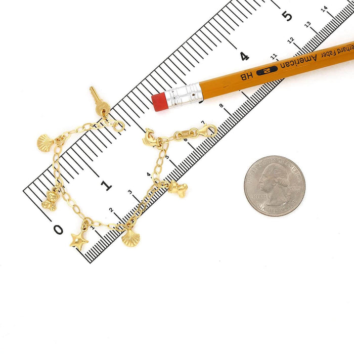 Kids Yellow Gold Over Sterling Silver Dolphin Key Bear Star Seashell Bracelet (Solid Links) 6"