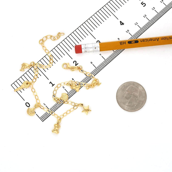 14K Yellow Gold Over Sterling Silver Dolphin Key Teddy Bear Star Seashell Charms Anklet (Solid Links) 9"-10"