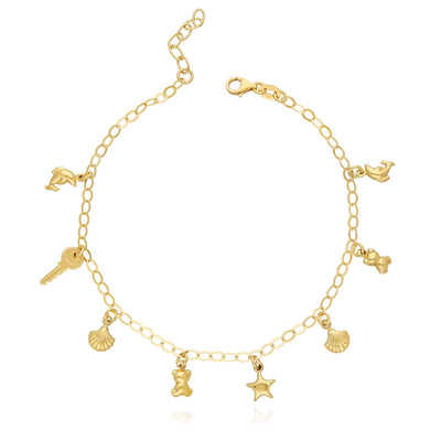 14K Yellow Gold Over Sterling Silver Dolphin Key Teddy Bear Star Seashell Charms Anklet (Solid Links) 9"-10"