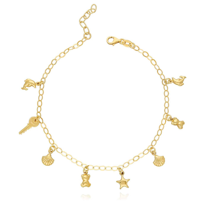 14K Yellow Gold Over Sterling Silver Dolphin Key Teddy Bear Star Seashell Charms Anklet (Solid Links) 9"-10"