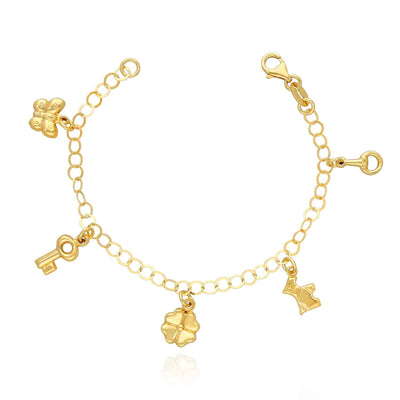 Kids Yellow Gold Over Sterling Silver Cable Butterfly Key Dog Clover Leaf Rattle Bracelet (Solid Links) 6"