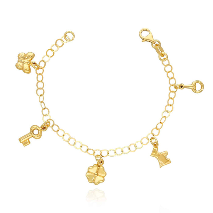 Kids Yellow Gold Over Sterling Silver Cable Butterfly Key Dog Clover Leaf Rattle Bracelet (Solid Links) 6"