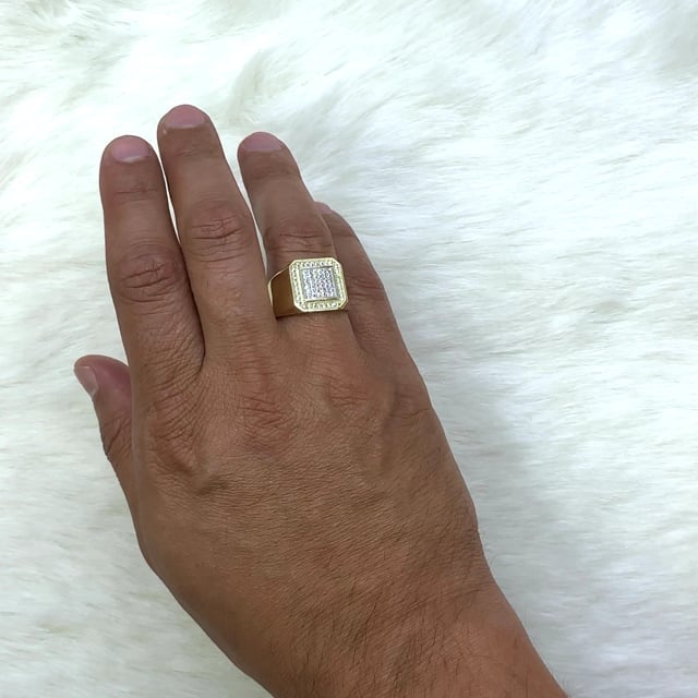 10K Gold Yellow Pave CZ Square Halo Cluster Signet Mens Ring