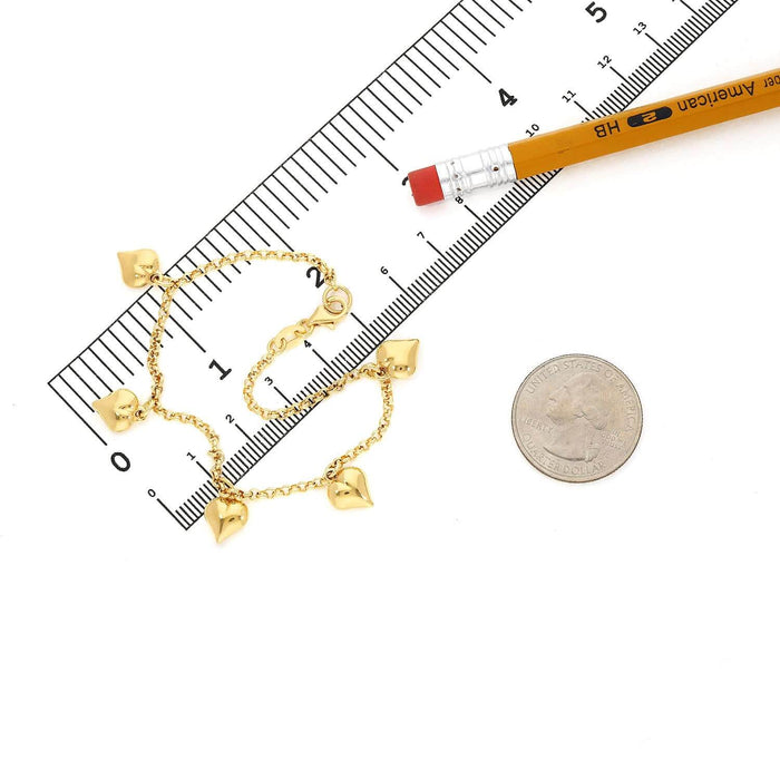 14K Yellow Gold Over Sterling Silver 2.5mm Rolo Puffed Heart Charms Bracelet (Solid Links) 8"