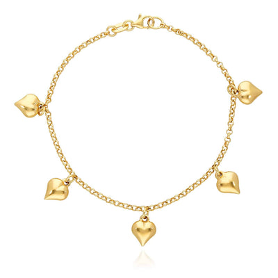 14K Yellow Gold Over Sterling Silver 2.5mm Rolo Puffed Heart Charms Bracelet (Solid Links) 8"