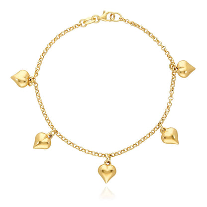 14k Gold Over Silver 2.5mm Rolo Puffed Heart Charms Bracelet 8"
