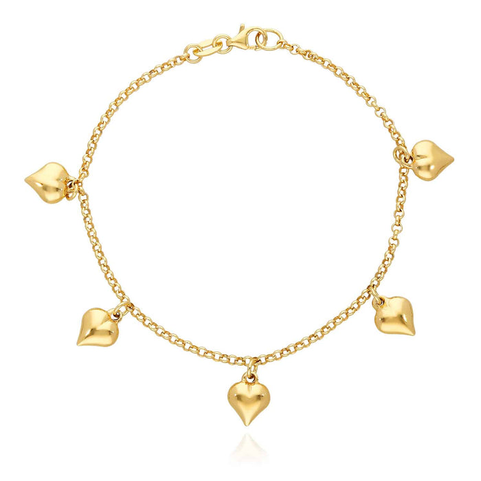 14K Yellow Gold Over Sterling Silver 2.5mm Rolo Puffed Heart Charms Bracelet (Solid Links) 8"