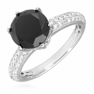 2.85CTW Black Natural Diamond Petite Pave Crown 18K Gold White Engagement Ring
