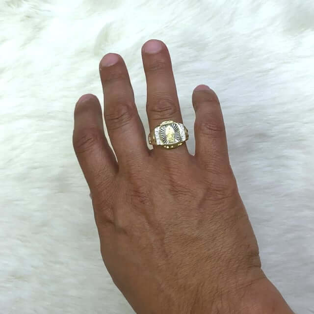 10K Gold Yellow White Zirconia Our Lady of Guadalupe And Lucky Horseshoe Ring