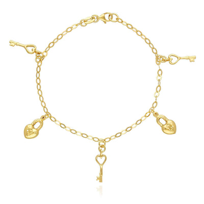 14K Yellow Gold Over Sterling Silver 3mm Puffed Locks & Keys Charm Bracelet (Solid Links) 8"