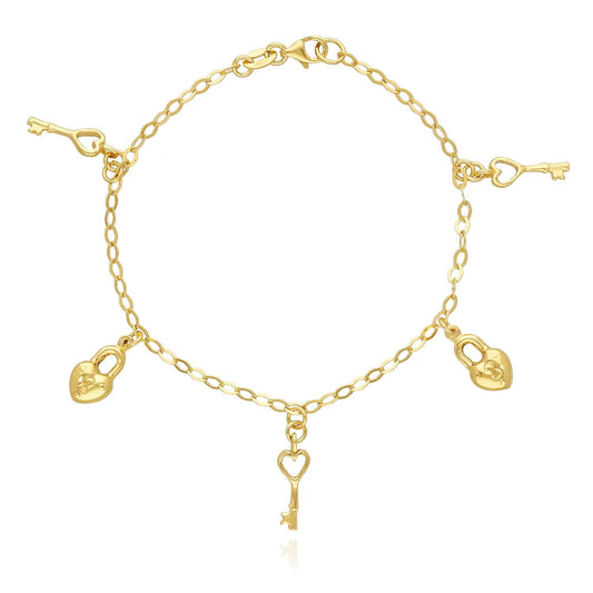 14K Gold Over Silver 3mm Puffed Locks and Keys Charm Bracelet 8"