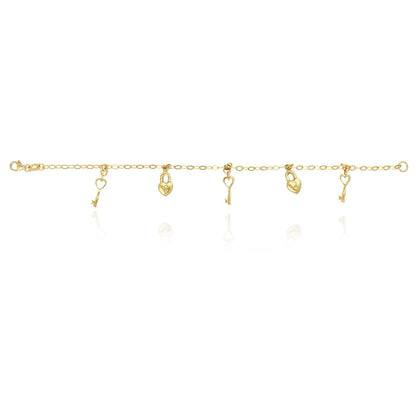 14K Yellow Gold Over Sterling Silver 3mm Puffed Locks & Keys Charm Bracelet (Solid Links) 8"