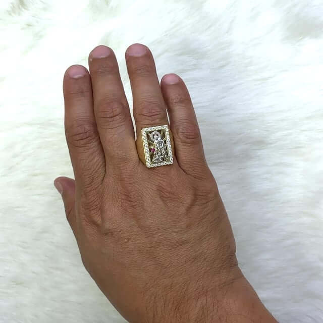 10K Gold Yellow White Zirconia And Ruby Saint Lazarus Rectangle Signet Ring
