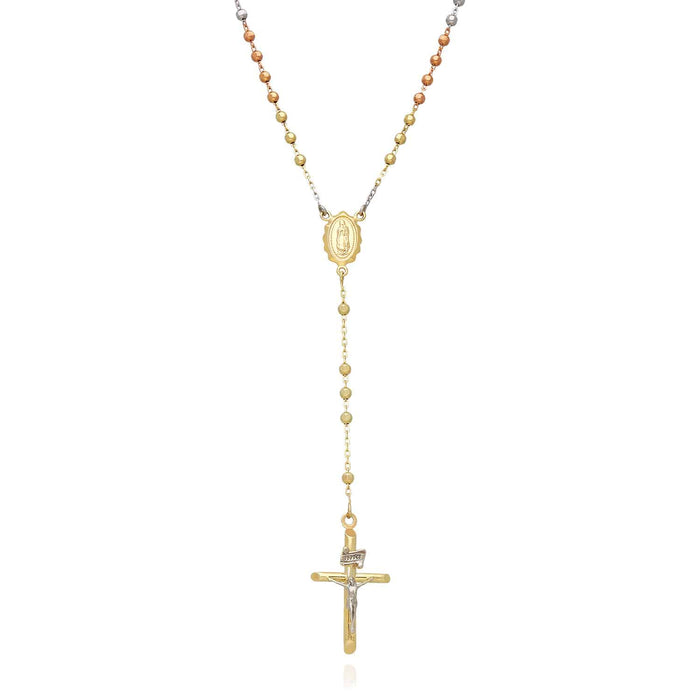 10K Tri-Color Gold 2.5mm Diamond-Cut Ball Beads Rosary Necklace (Hollow) 18"