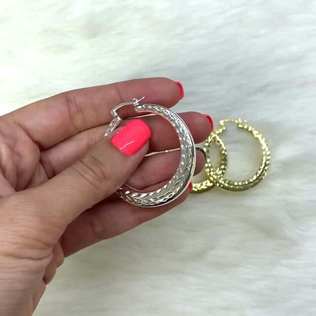 Yellow White Gold Tone 925 Sterling Silver Diamond-Cut Chunky Hoop Earrings 38mm