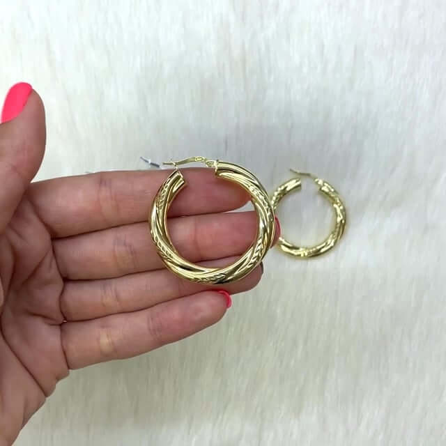 14k Gold Over Silver Twisted Tube Diamond-Cut Diameter Hoop Earrings 36mm