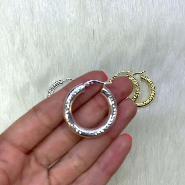 Yellow White Gold Over 925 Sterling Silver Diamond-Cut Chunky Hoop Earrings 30mm