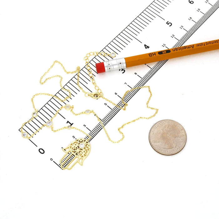 18K Yellow Gold Over Sterling Silver Hamsa Hand CZ Station Chain (Solid Links) 16"-18" Adjustable