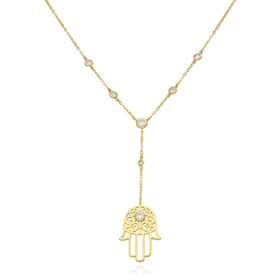 18K Yellow Gold Over Sterling Silver Hamsa Hand CZ Station Chain (Solid Links) 16"-18" Adjustable