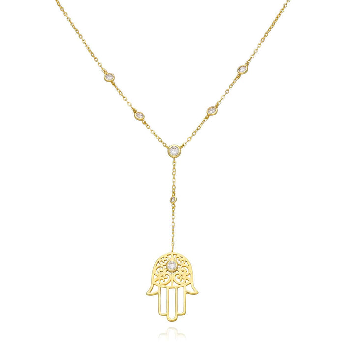 18K Yellow Gold Over Sterling Silver Hamsa Hand CZ Station Chain (Solid Links) 16"-18" Adjustable