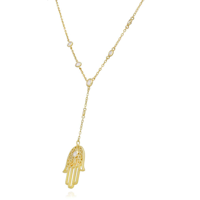18K Yellow Gold Over Sterling Silver Hamsa Hand CZ Station Chain (Solid Links) 16"-18" Adjustable