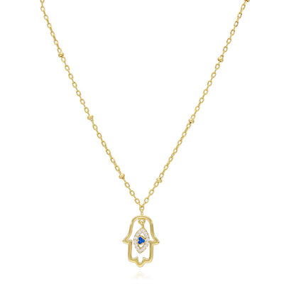 14K Yellow Gold Over Sterling Silver 1.5mm Saturn Cable CZ Hamsa Necklace (Solid Links) 16"-18"