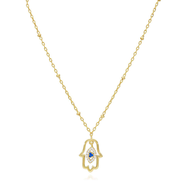 14K Yellow Gold Over Sterling Silver 1.5mm Saturn Cable CZ Hamsa Necklace (Solid Links) 16"-18"